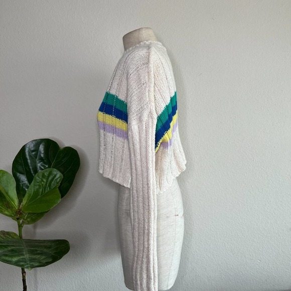 Crop Knit Sweater Pullover Striped Drop Shoulder Long Sleeve - Picture 3 of 9